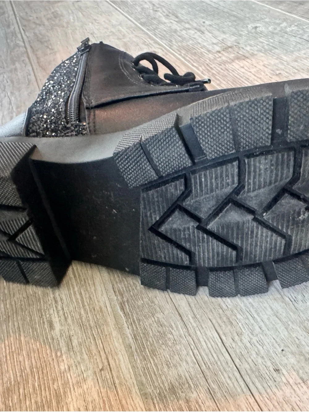 Girls Black Sparkle Lace-Up Combat Boots